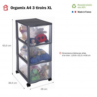 Tour de rangement plastique A4 avec roues Orgamix 3 grands tiroirs transparents - gris