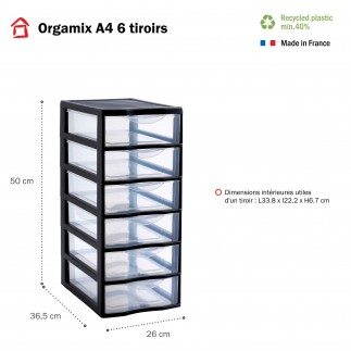 Tour de rangement plastique A4 Orgamix 6 tiroirs transparents - noir