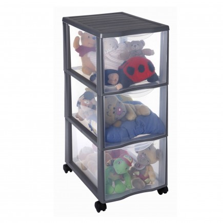 Tour de rangement plastique A4 avec roues Orgamix 3 grands tiroirs transparents - gris