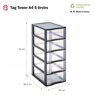 Tour de rangement plastique A4 Tag Tower 5 tiroirs transparents - gris