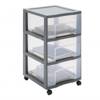 Grande tour de rangement plastique avec roulettes Tag Tower XL 3 tiroirs transparents - gris