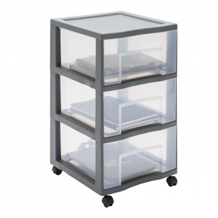 Grande tour de rangement plastique avec roulettes Tag Tower XL 3 tiroirs transparents - gris