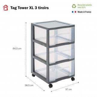 Grande tour de rangement plastique avec roulettes Tag Tower XL 3 tiroirs transparents - gris