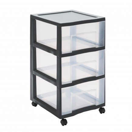 Grande tour de rangement plastique avec roulettes Tag Tower XL 3 tiroirs transparents - noir