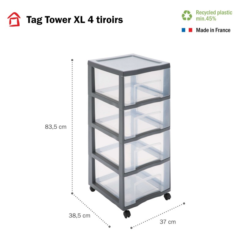 Tour de rangement plastique à roulettes Tag Tower XL 4 tiroirs transparents - gris