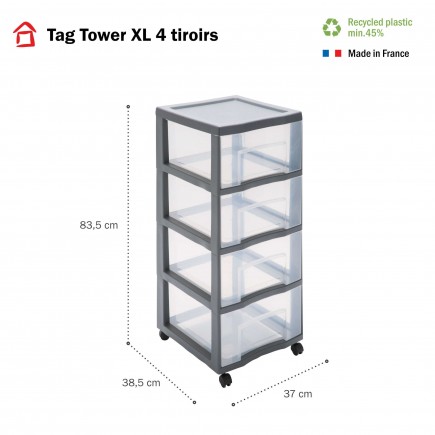 Tour de rangement plastique à roulettes Tag Tower XL 4 tiroirs transparents - gris