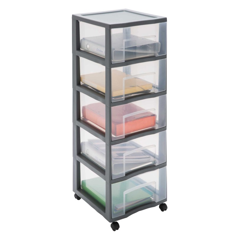 Grande tour de rangement plastique avec roulettes Tag Tower XL 5 tiroirs transparents - gris