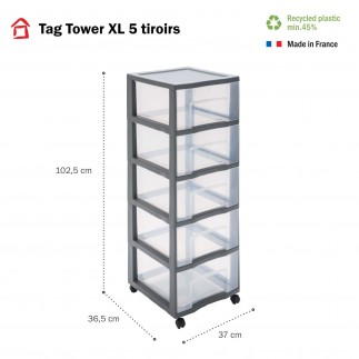 Grande tour de rangement plastique avec roulettes Tag Tower XL 5 tiroirs transparents - gris