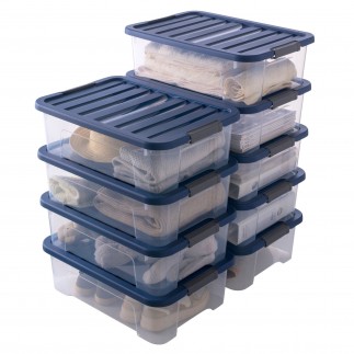 Lot de 9 boîtes de rangement en plastique transparent 25L empilables avec couvercle clipsable WAVE BOX