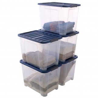 Lot de 5 boîtes de rangement en plastique transparent 60L XL empilables avec couvercle clipsable WAVE BOX