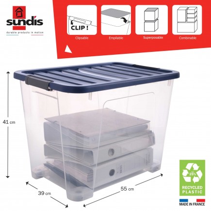 Lot de 5 boîtes de rangement en plastique transparent 60L XL empilables avec roues et couvercle clipsable WAVE BOX