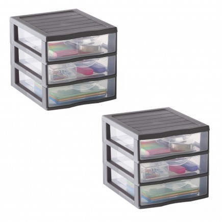 Lot de 2 petites tours de rangement plastiques A6 Orgamix 3 tiroirs transparents - gris