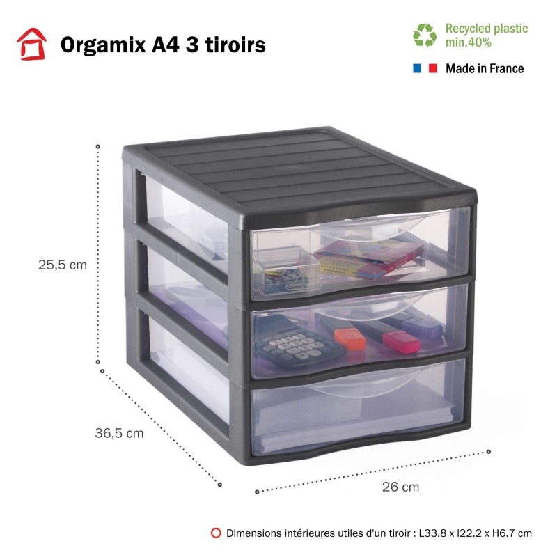 Lot de 2 tours de rangement plastique A4 Orgamix 3 tiroirs transparents - gris