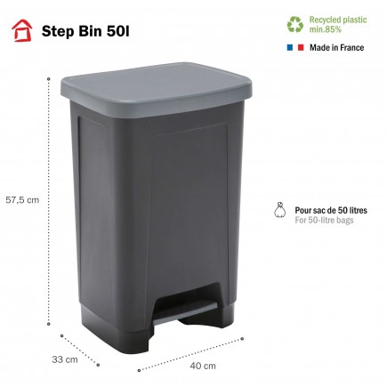 Poubelle à pédale 50 litres rectangulaire en plastique recyclé STEP BIN