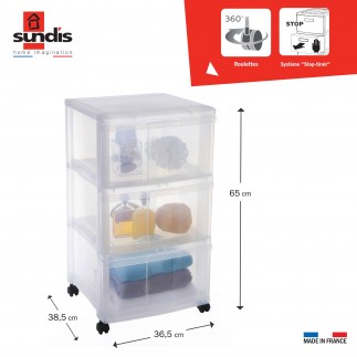 Tour de rangement plastique avec roulettes MODULO XL 3 tiroirs transparents