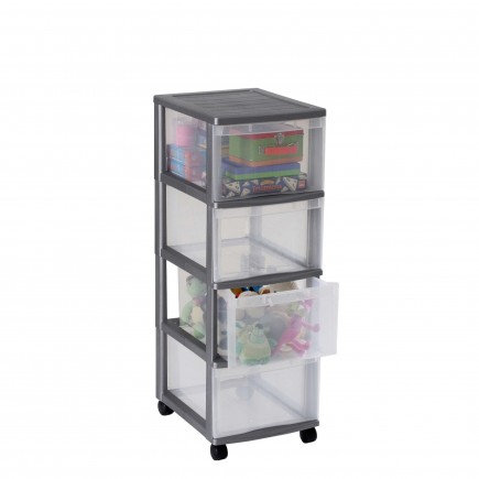 Tour de rangement plastique avec roulettes OPTIMO 4 tiroirs transparents - Gris