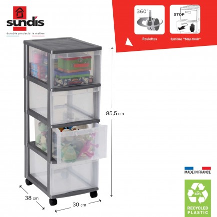 Tour de rangement plastique avec roulettes OPTIMO 4 tiroirs transparents - Gris