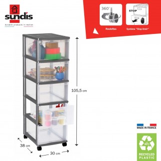 Tour de rangement plastique avec roulettes OPTIMO 5 tiroirs transparents - Gris