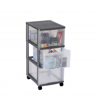 Tour de rangement plastique avec roulettes OPTIMO 3 tiroirs transparents - Gris