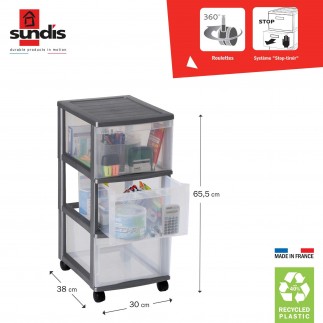 Tour de rangement plastique avec roulettes OPTIMO 3 tiroirs transparents - Gris