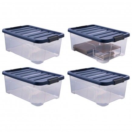 Lot de 4 boîtes de rangement en plastique transparent 10L empilables avec couvercle clipsable WAVE BOX