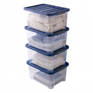 Lot de 4 boîtes de rangement en plastique transparent 24L empilables avec couvercle clipsable WAVE BOX