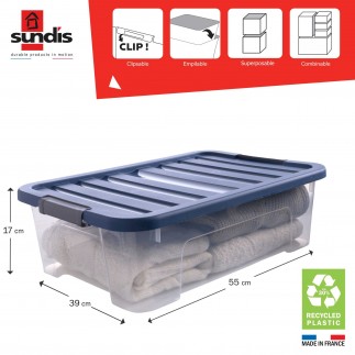 Lot de 3 boîtes de rangement en plastique transparent 25L empilables avec couvercle clipsable WAVE BOX