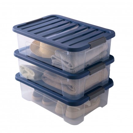 Lot de 3 boîtes de rangement en plastique transparent 25L empilables avec couvercle clipsable WAVE BOX