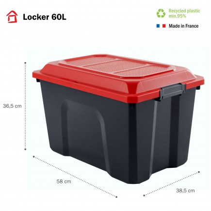 Lot de 3 malles de rangement en plastique avec couvercle à charnières et clipsable 60l LOCKER