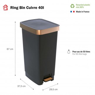 Poubelle à pédale 40 litres rectangulaire en plastique recyclé RING BIN - cuivre