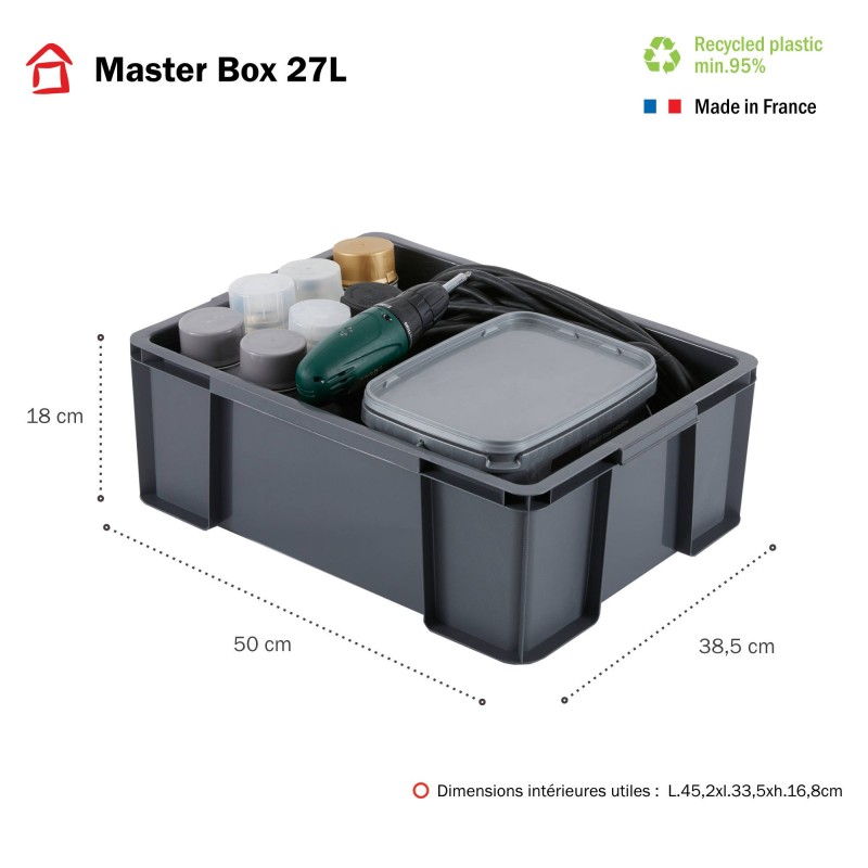 Lot de 3 bacs de rangement plastique robustes et renforcés 27L MASTER BOX