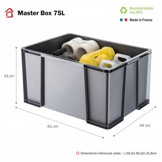 Lot de 3 bacs de rangement plastique robustes et renforcés 75L MASTER BOX - gris