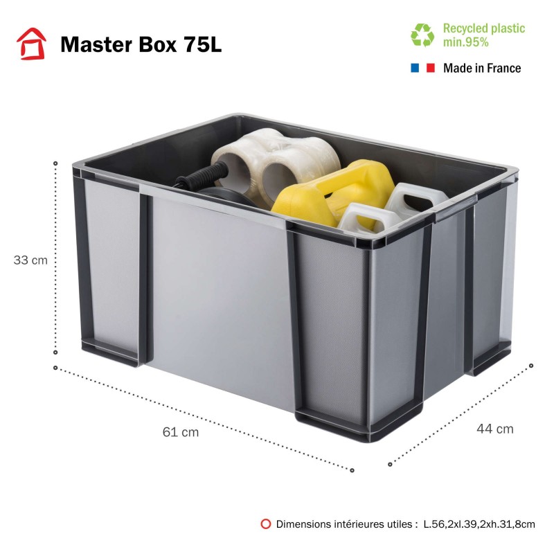 Lot de 3 bacs de rangement plastique robustes et renforcés 75L MASTER BOX