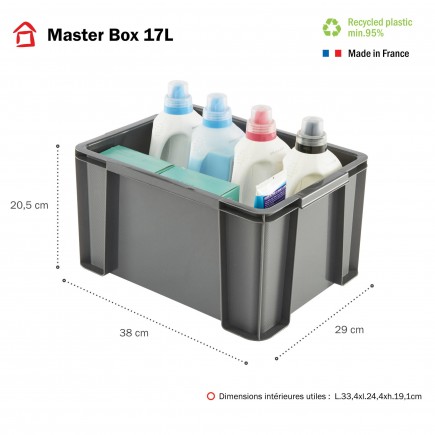 Lot de 3 bacs de rangement plastique robustes et renforcés 17L MASTER BOX - gris