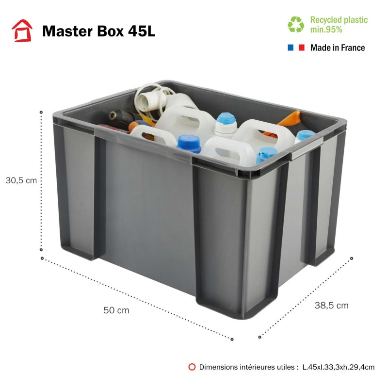 Lot de 3 bacs de rangement plastique robustes et renforcés 45L MASTER BOX