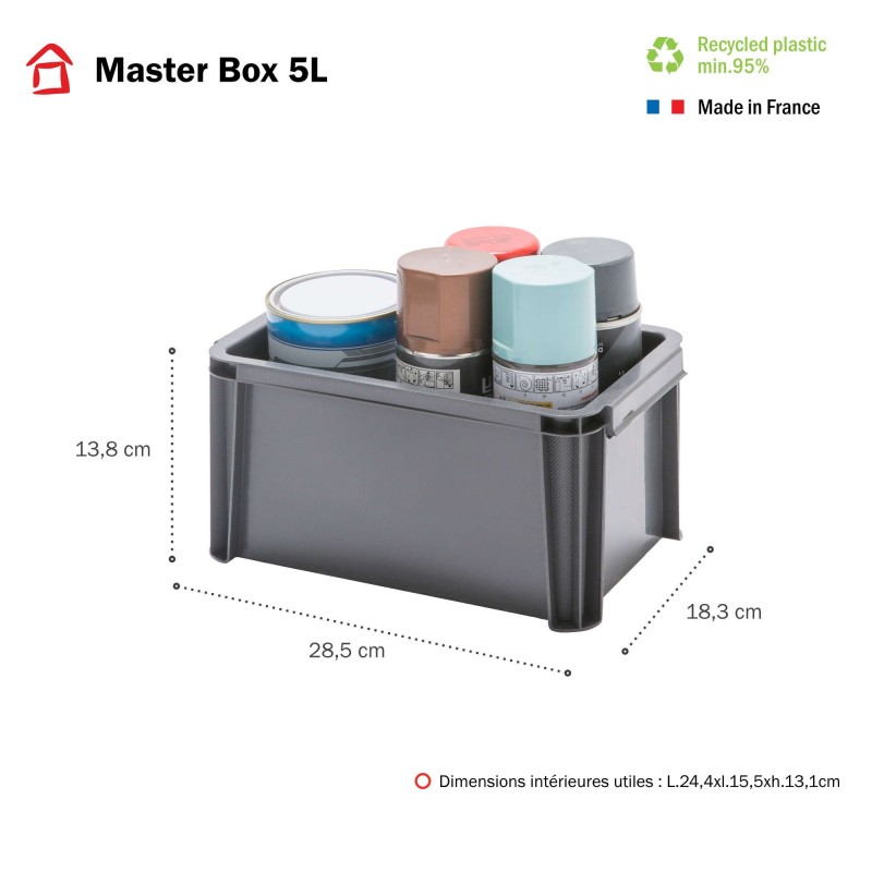 Lot de 6 bacs de rangement plastique robustes et renforcés 5L MASTER BOX