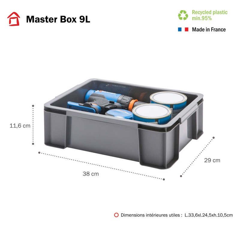 LOT DE 4 bacs de rangement renforcés MASTERBOX 9 Litres