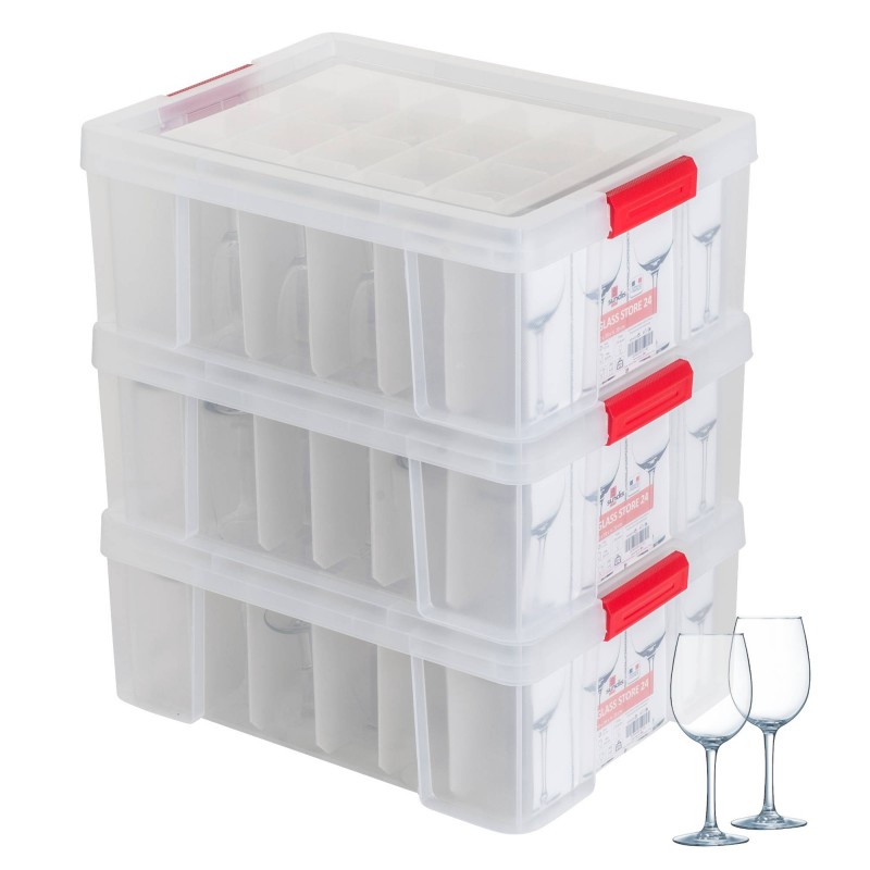 LOT DE 3 Bacs de rangement renforcé pour 24 verres avec couvercle Glass Store 27L