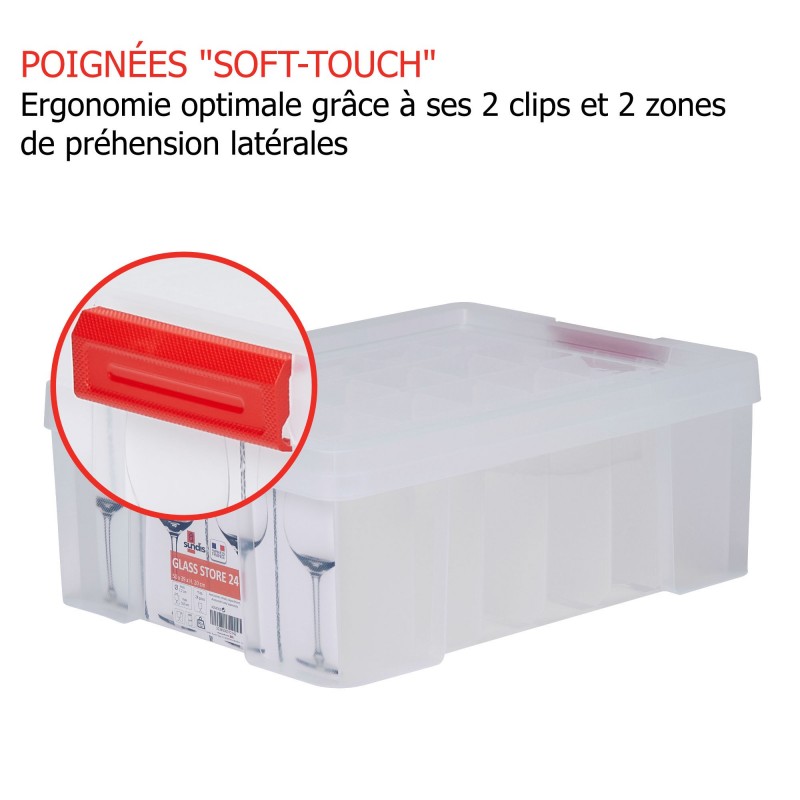 LOT DE 3 Bacs de rangement renforcé pour 24 verres avec couvercle Glass Store 27L