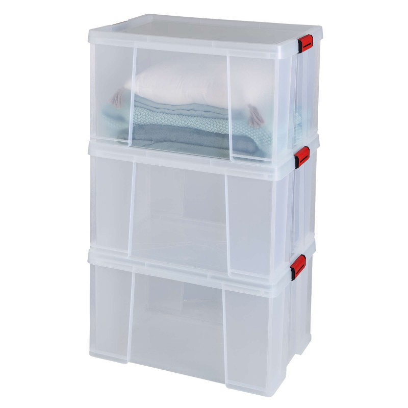 Lot de 3 boîtes de rangement en plastique transparent 75L renforcées avec couvercle clipsable CLIP’N STORE