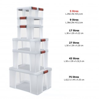 Lot de 6 boîtes de rangement en plastique transparent 5L renforcées avec couvercle clipsable CLIP’N STORE