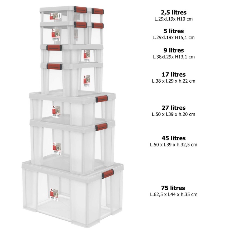 LOT DE 6 Bacs de rangement renforcés avec couvercle CLIP'N STORE 5 Litres