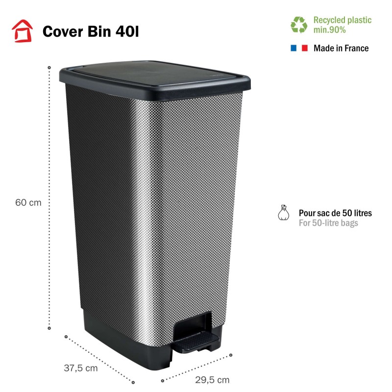 Poubelle à pédale 40 litres rectangulaire en plastique recyclé COVER BIN