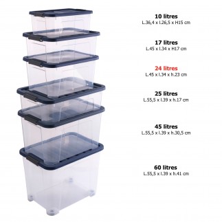 Lot de 4 boîtes de rangement en plastique transparent 24L empilables avec couvercle clipsable WAVE BOX