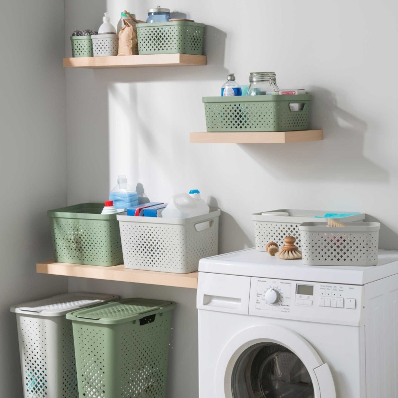 Lot de 6 paniers de rangement 16l en plastique recyclé PIXEL - vert sauge Lot de 6 paniers de rangement 16l en plastique recyclé PIXEL - vert sauge