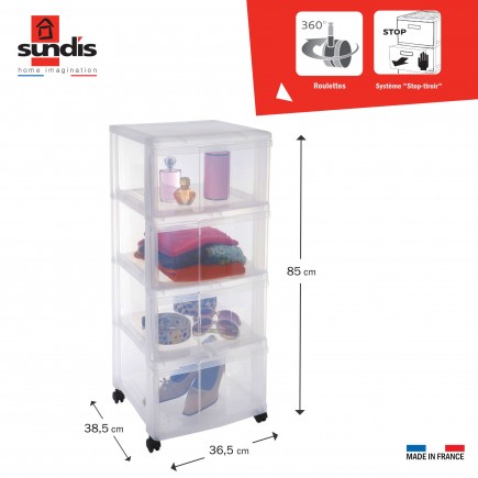 Tour de rangement plastique avec roulettes MODULO XL 4 tiroirs transparents