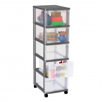 Tour de rangement plastique avec roulettes OPTIMO 5 tiroirs transparents - Gris