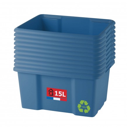 Lot de 10 bacs de rangement plastique 15L empilables - bleu