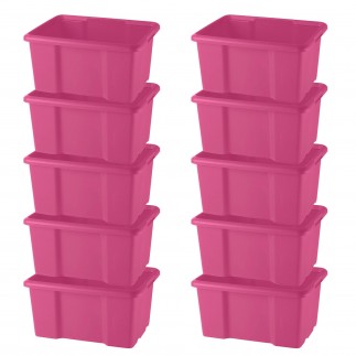 Lot de 10 bacs de rangement plastique 15L empilables - rose
