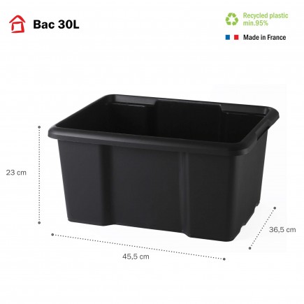 Lot de 10 bacs de rangement plastique 30L empilables - noir